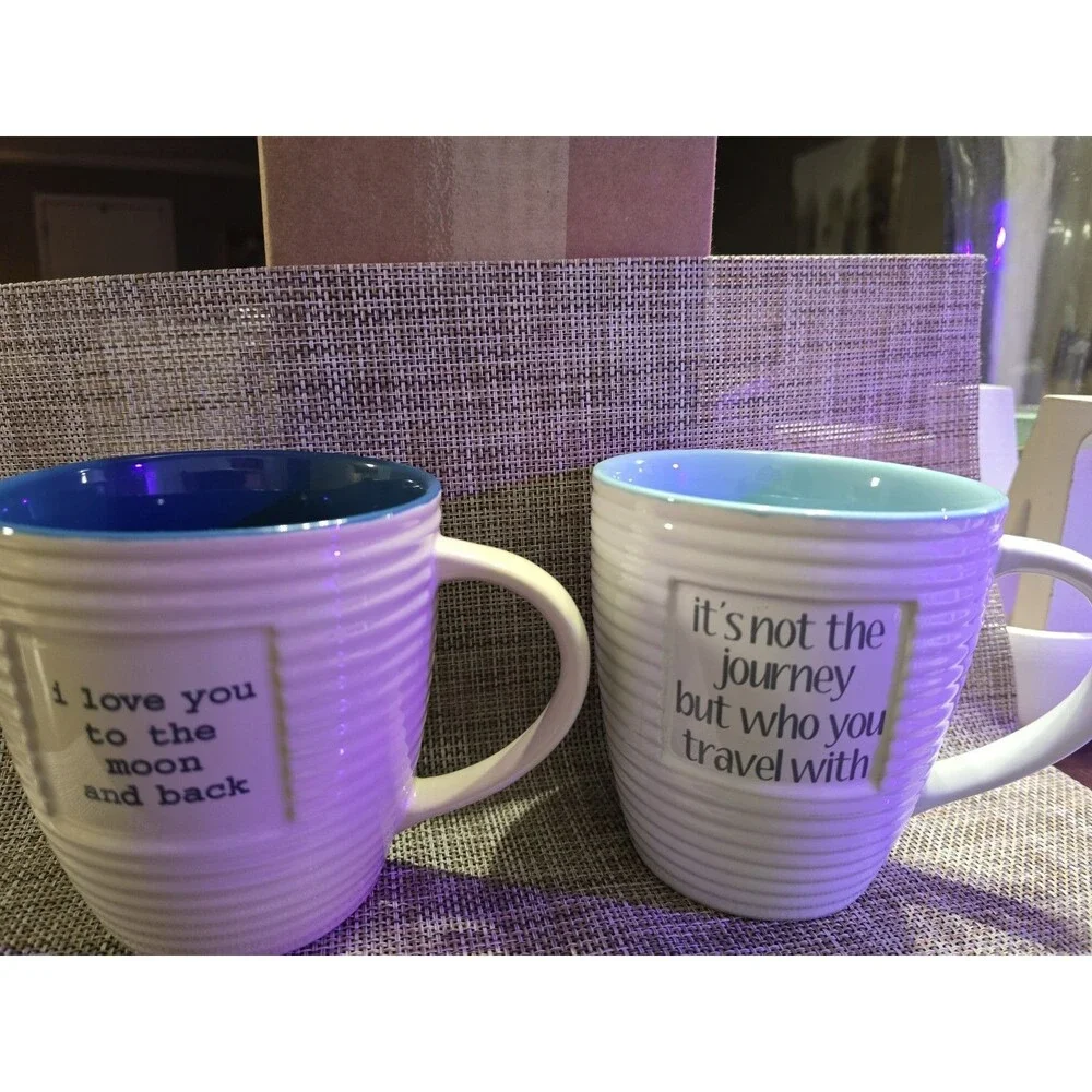 The Old Pottery Company Jumbo 20 oz Quote Mugs Set of 2 Blue Ribbed Ceramic